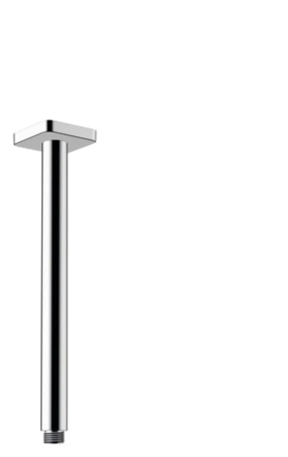 Helles Metallrohr mit quadratischem Kopf und Gewinde unten. Produkt von Hansgrohe, geeignet für die Deckenmontage.